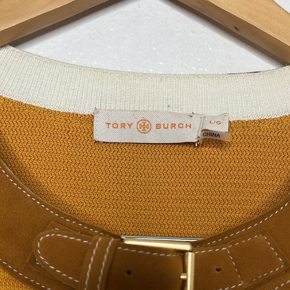 Tory Burch Orange Striped Woven Leather Short Sleeve Sweater Women Size L SPOTS - Picture 2 of 6